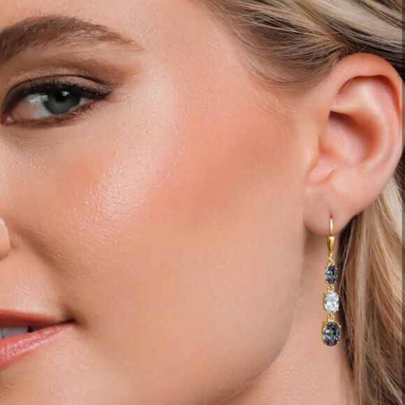 18K Yellow Gold with 6.35Cttw 3 Stone Green Mystic and White Topaz Drop Earrings - Picture 3 of 5